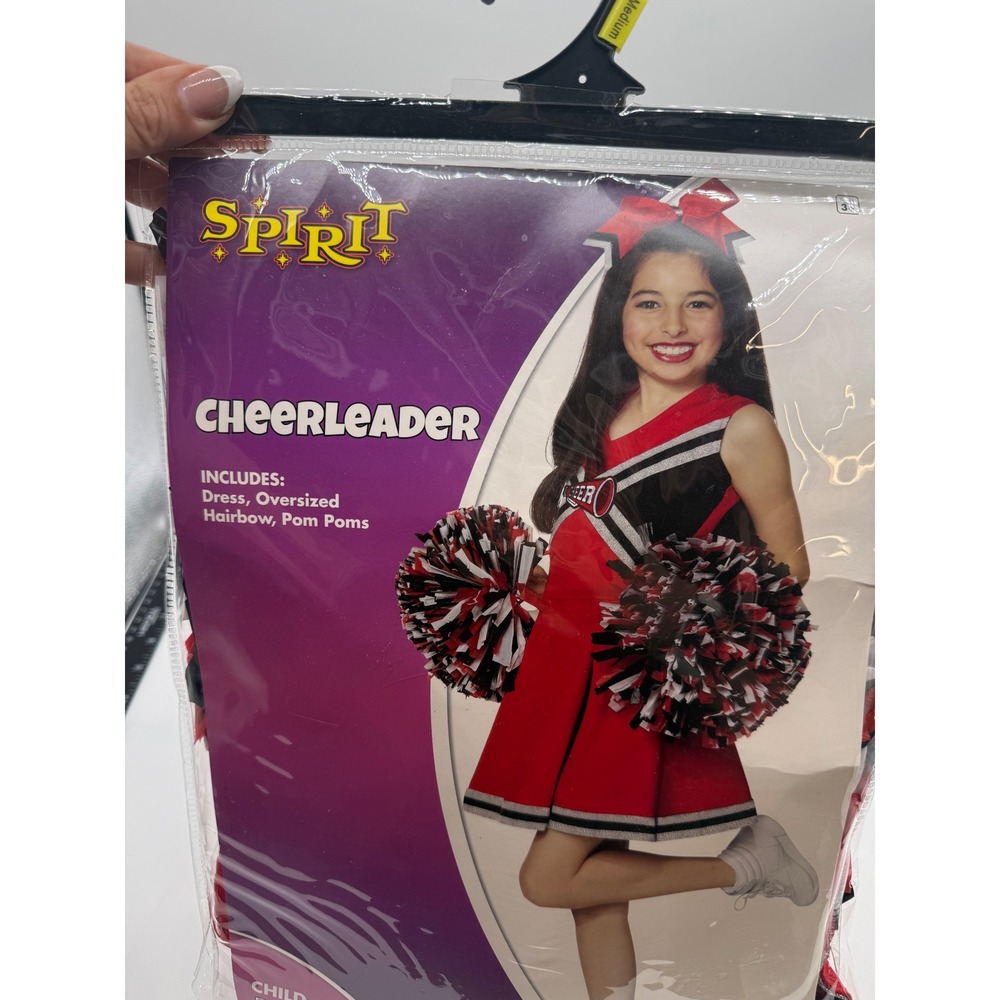 Spirit Halloween Cheerleader Costume Girls Medium 8-10 Red Black Dress Pom Poms - Picture 1 of 16